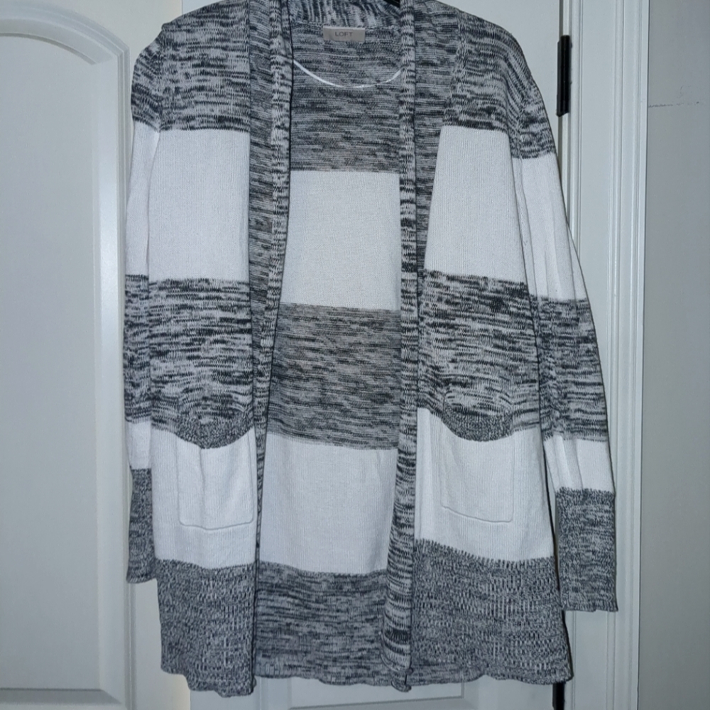 LOFT Black and White Striped Cardigan
